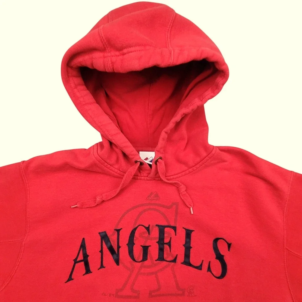 California Angels MLB Hoodie Mens Red Pullover Sweatshirt Graphic Large Majestic